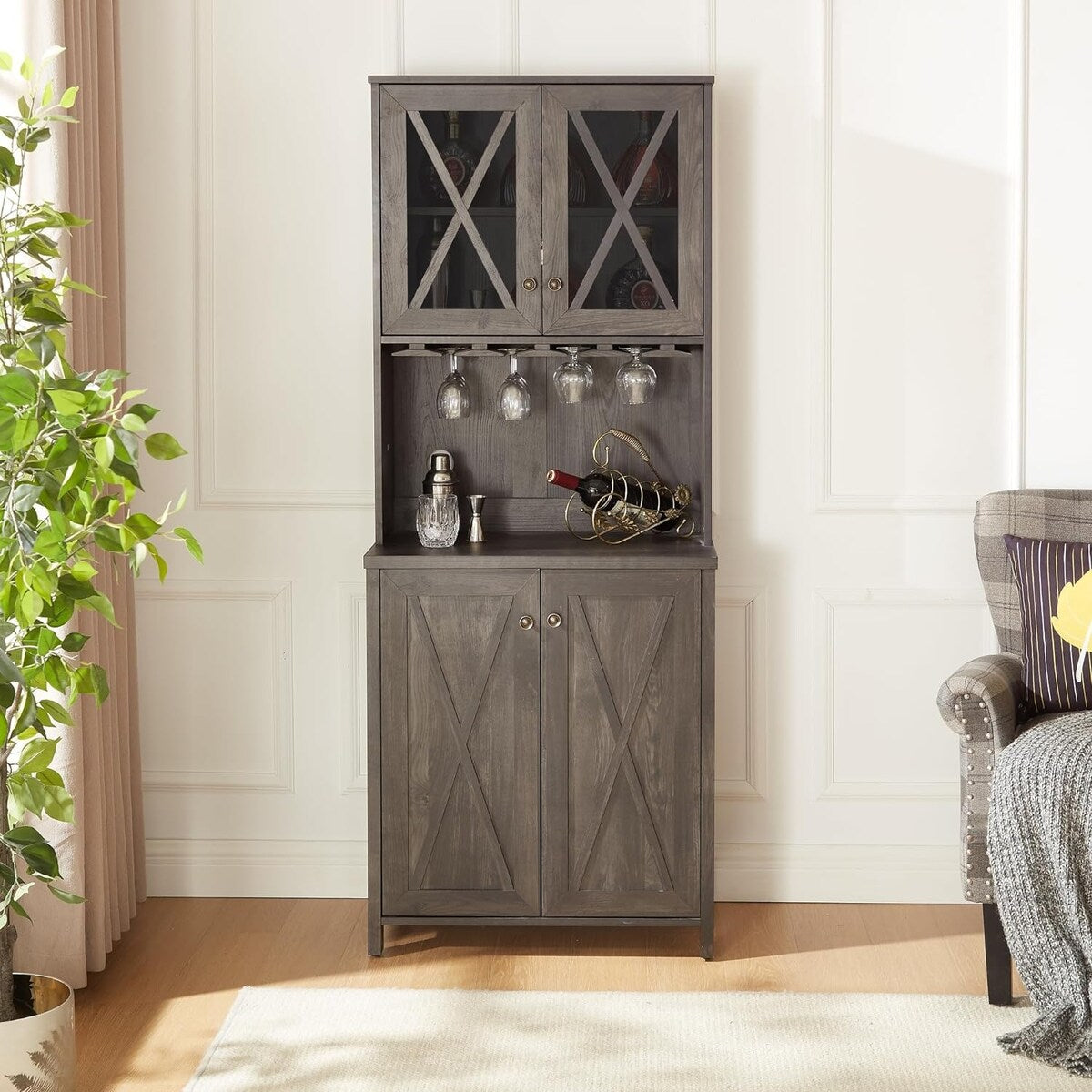 Roomfitters Farmhouse Wine Cabinet, Kitchen Hutch Buffet, Liquor Cabinet for Liquor and Glasses Rack, Charcoal Grey - N/A