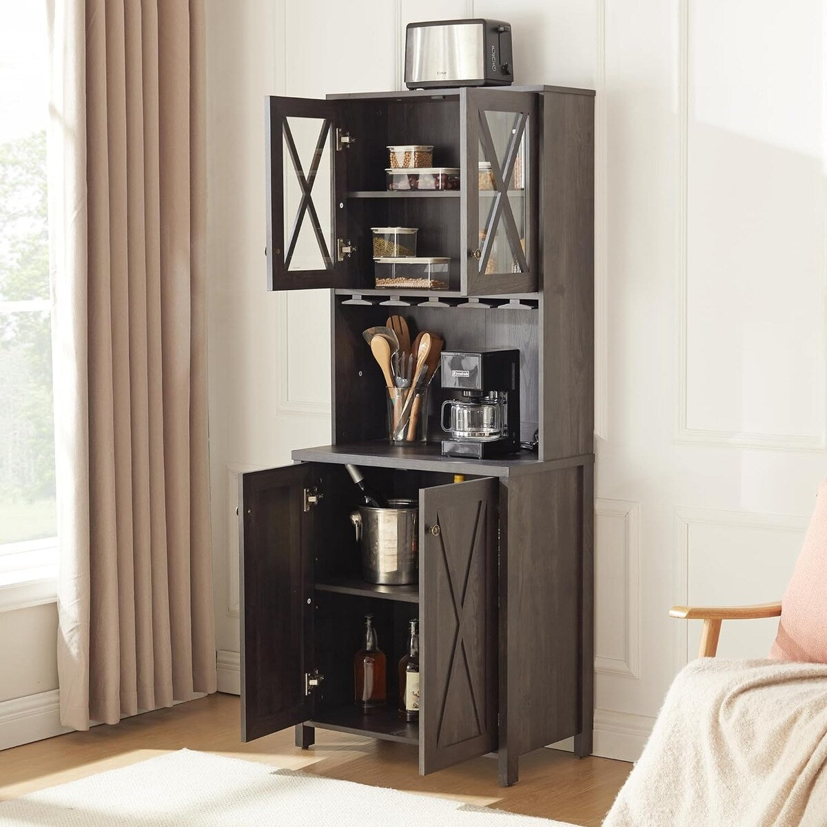 Roomfitters Farmhouse Wine Cabinet, Kitchen Hutch Buffet, Liquor Cabinet for Liquor and Glasses Rack, Charcoal Grey - N/A