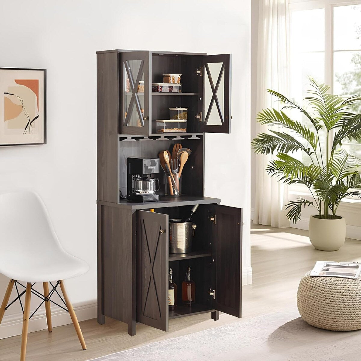 Roomfitters Farmhouse Wine Cabinet, Kitchen Hutch Buffet, Liquor Cabinet for Liquor and Glasses Rack, Charcoal Grey - N/A