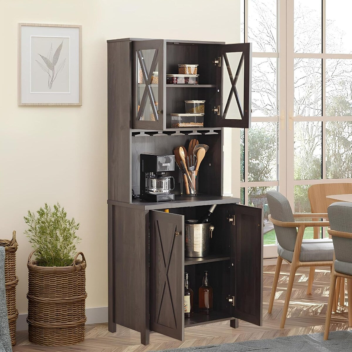 Roomfitters Farmhouse Wine Cabinet, Kitchen Hutch Buffet, Liquor Cabinet for Liquor and Glasses Rack, Charcoal Grey - N/A