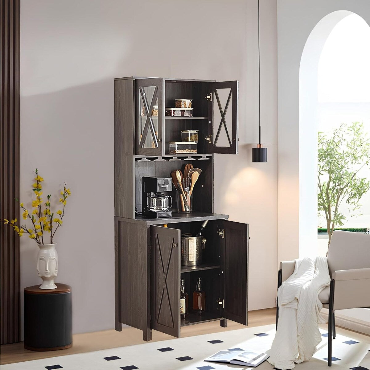 Roomfitters Farmhouse Wine Cabinet, Kitchen Hutch Buffet, Liquor Cabinet for Liquor and Glasses Rack, Charcoal Grey - N/A
