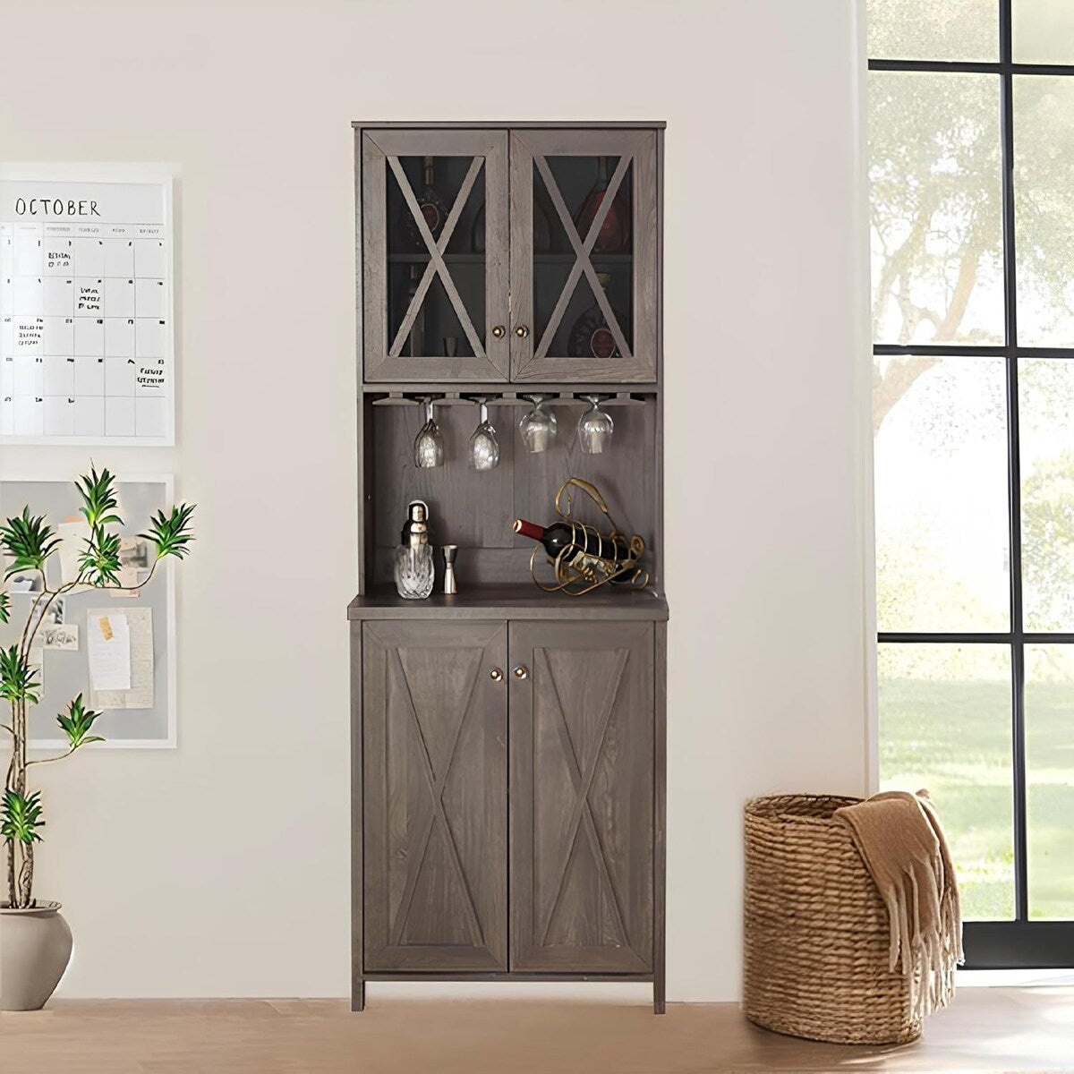 Roomfitters Farmhouse Wine Cabinet, Kitchen Hutch Buffet, Liquor Cabinet for Liquor and Glasses Rack, Charcoal Grey - N/A