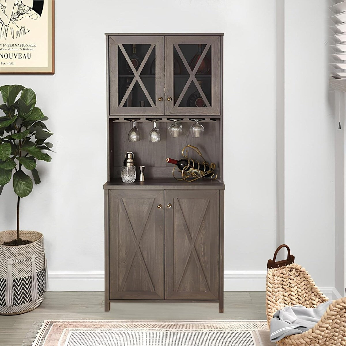 Roomfitters Farmhouse Wine Cabinet, Kitchen Hutch Buffet, Liquor Cabinet for Liquor and Glasses Rack, Charcoal Grey - N/A