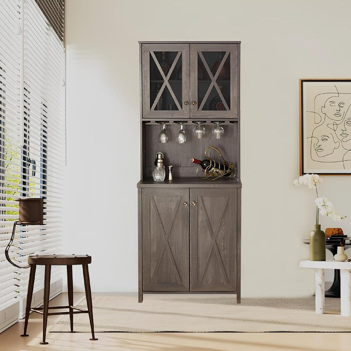 Roomfitters Farmhouse Wine Cabinet, Kitchen Hutch Buffet, Liquor Cabinet for Liquor and Glasses Rack, Charcoal Grey - N/A
