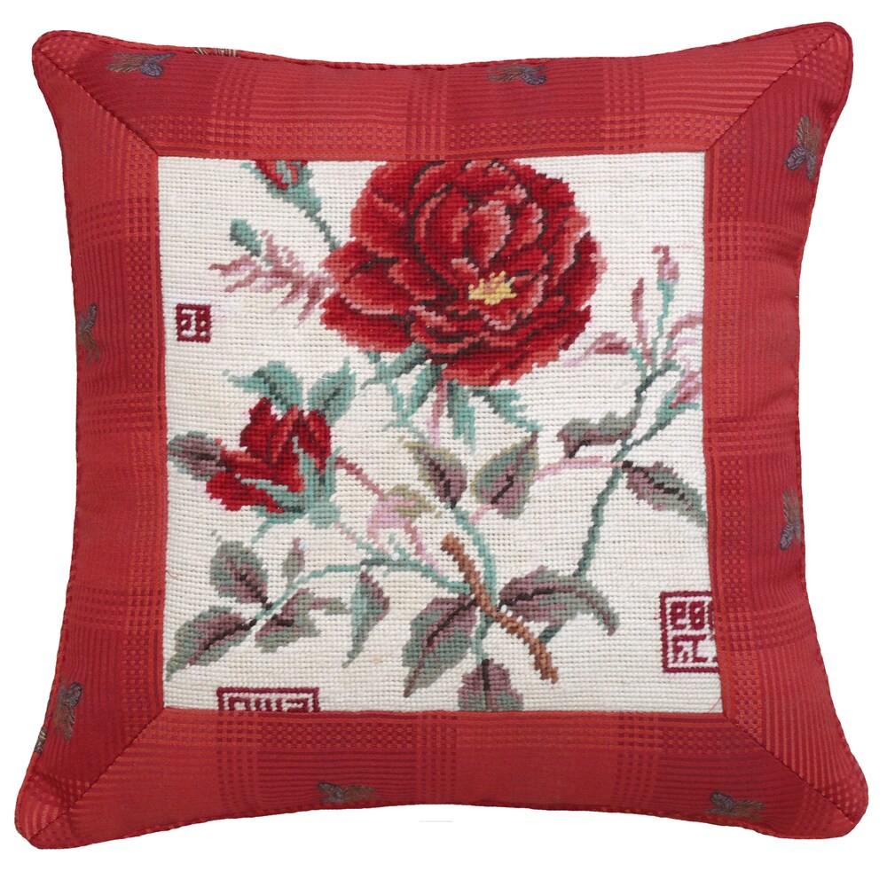 Rose Needlepoint 16-inch Throw Pillow