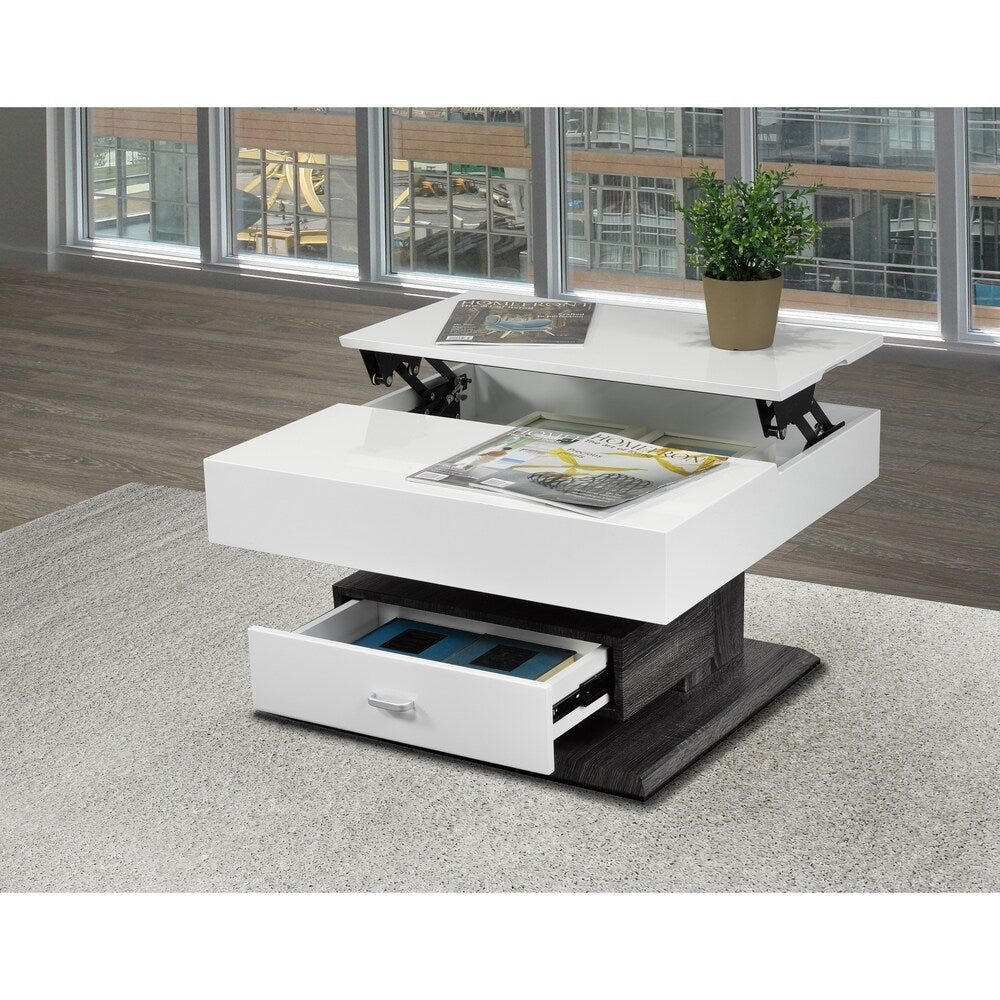 Rotating Coffee Table with Lift Top & Storage Drawer, White/Grey