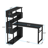 Brown/ Black Rotating L-Shaped Computer Desk, Corner Home Office Desk with Storage Shelf
