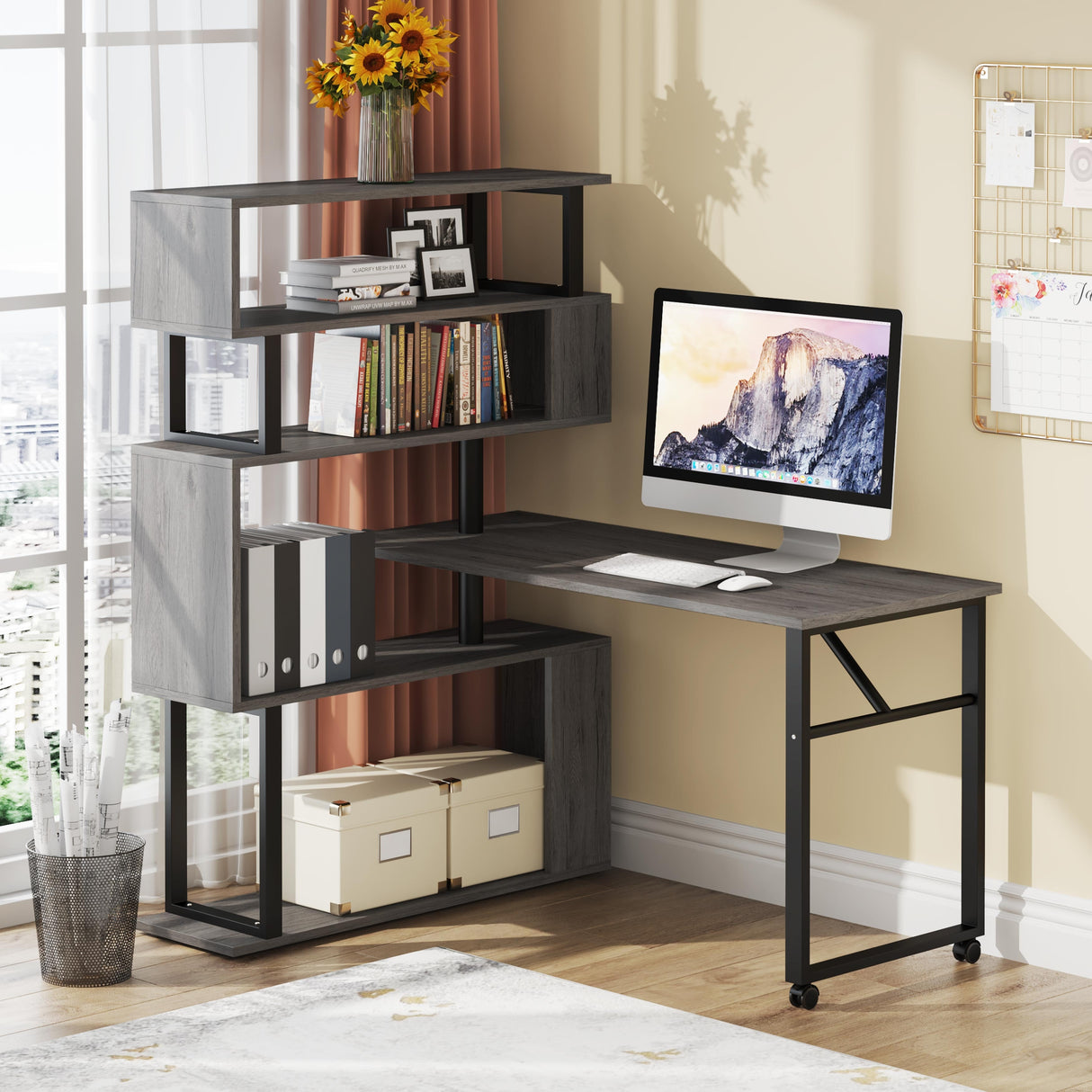 Brown/ Black Rotating L-Shaped Computer Desk, Corner Home Office Desk with Storage Shelf