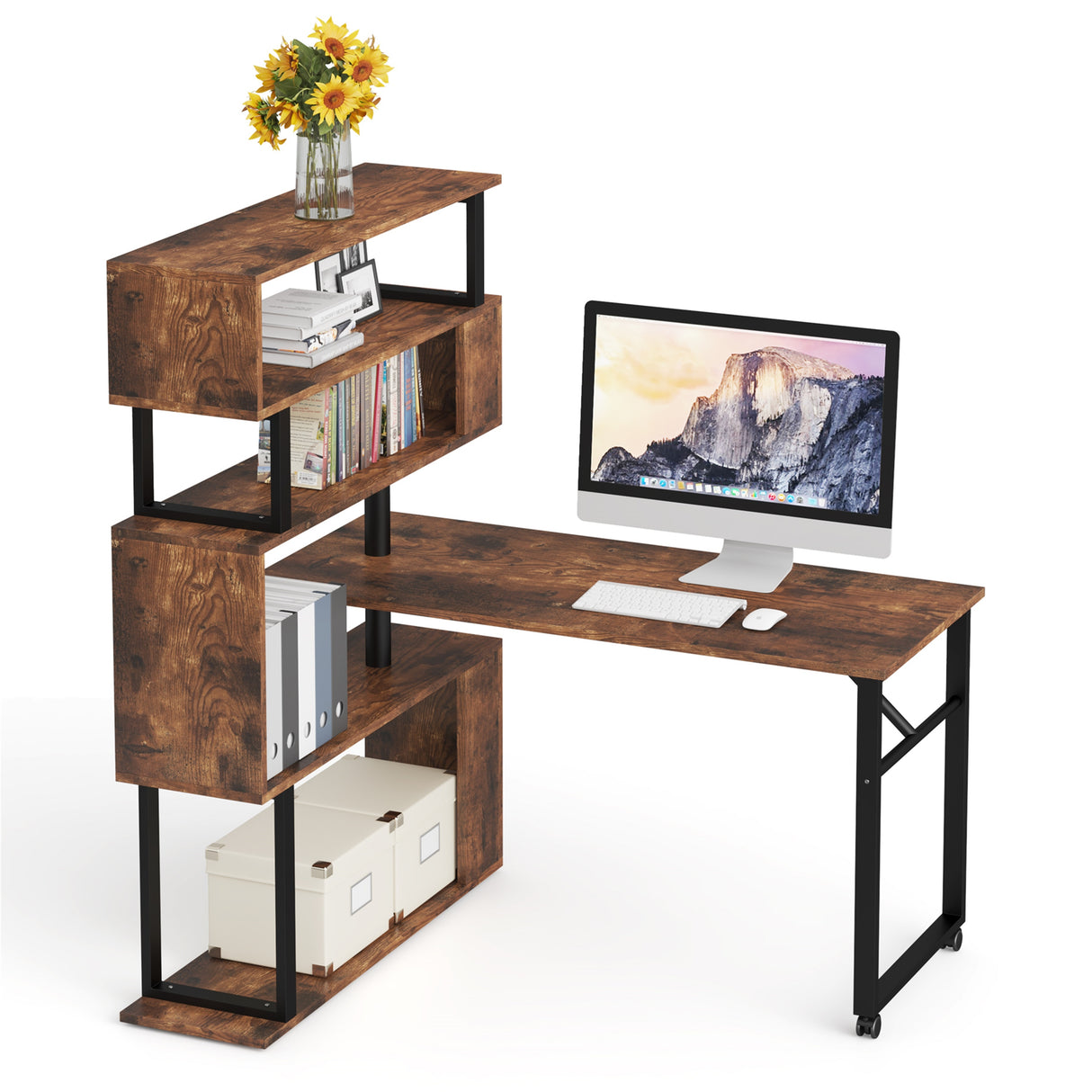Brown/ Black Rotating L-Shaped Computer Desk, Corner Home Office Desk with Storage Shelf
