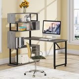 Brown/ Black Rotating L-Shaped Computer Desk, Corner Home Office Desk with Storage Shelf