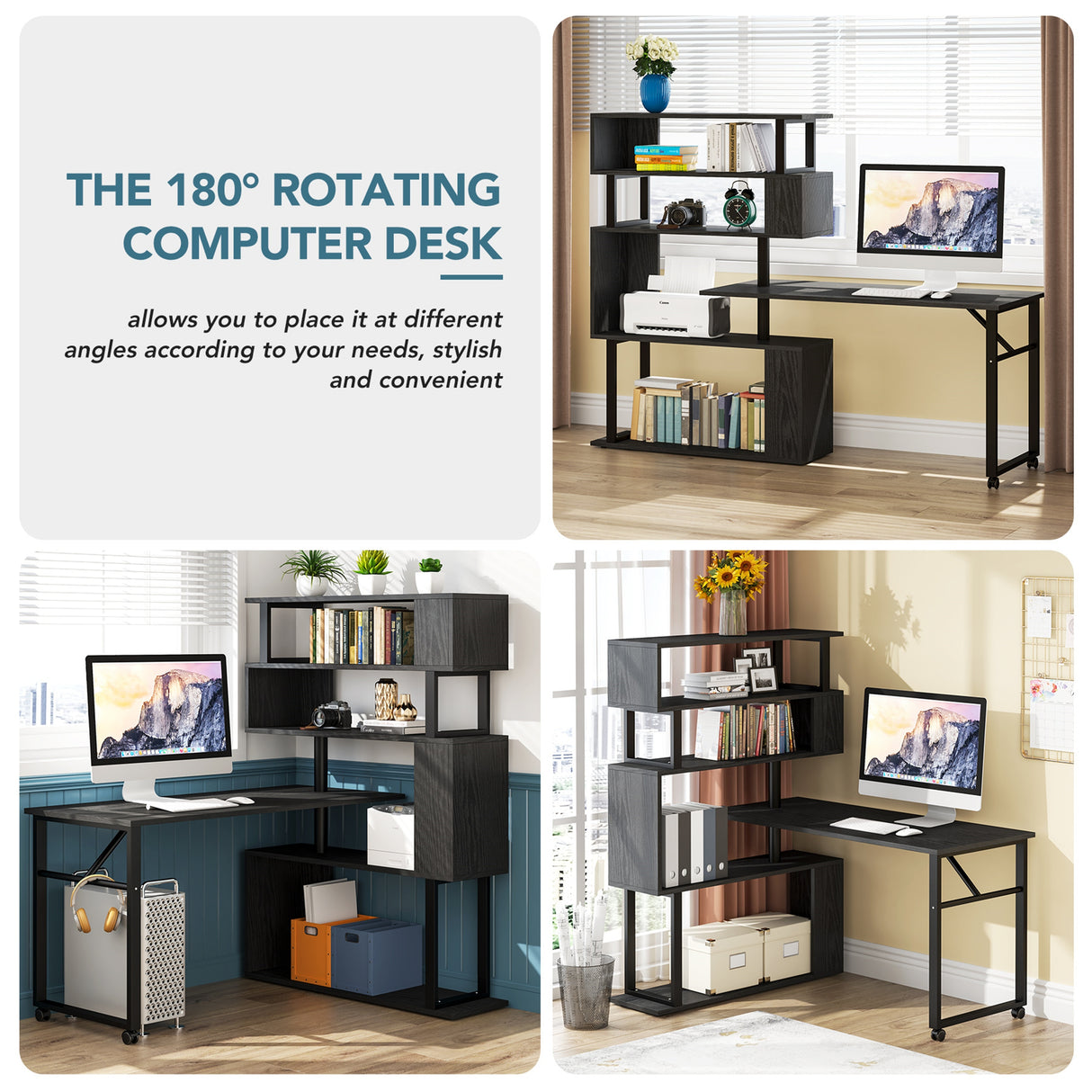 Brown/ Black Rotating L-Shaped Computer Desk, Corner Home Office Desk with Storage Shelf
