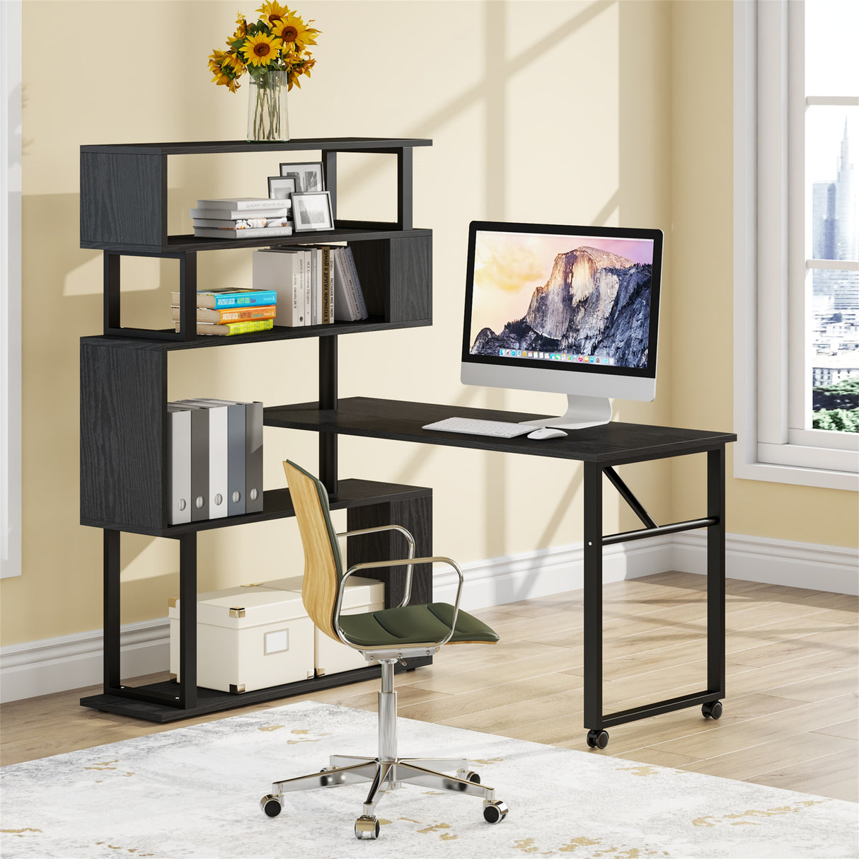 Brown/ Black Rotating L-Shaped Computer Desk, Corner Home Office Desk with Storage Shelf