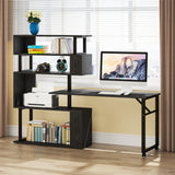 Brown/ Black Rotating L-Shaped Computer Desk, Corner Home Office Desk with Storage Shelf