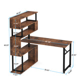 Brown/ Black Rotating L-Shaped Computer Desk, Corner Home Office Desk with Storage Shelf