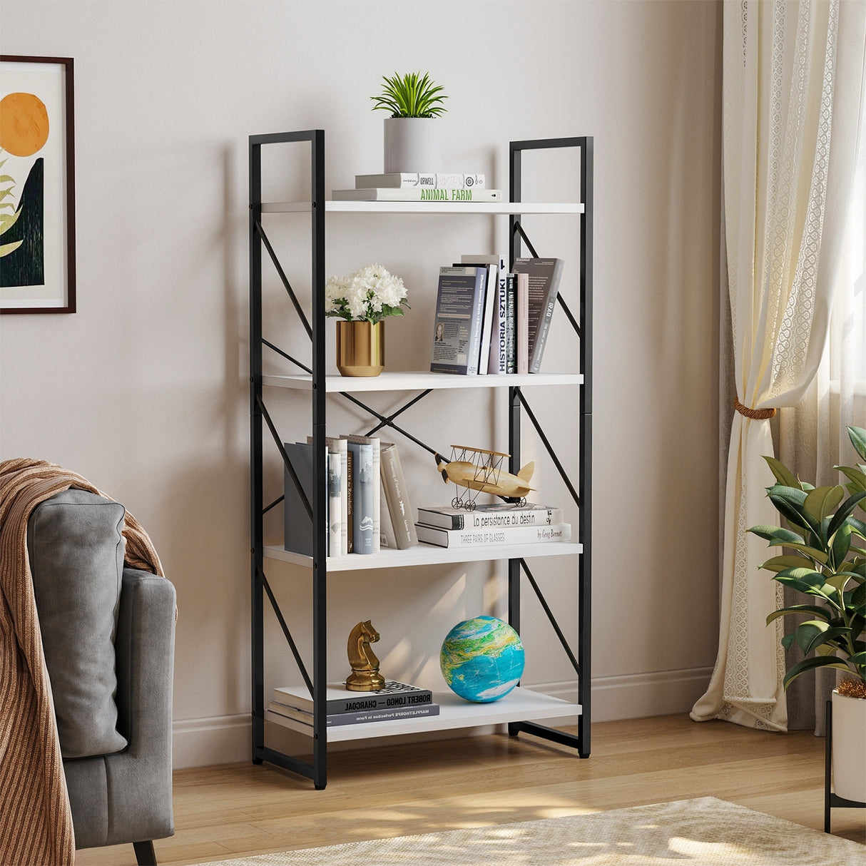 Roul Wood 4-Tier Bookshelf Free Standing 4 Shelf Bookcases Open Display Storage White