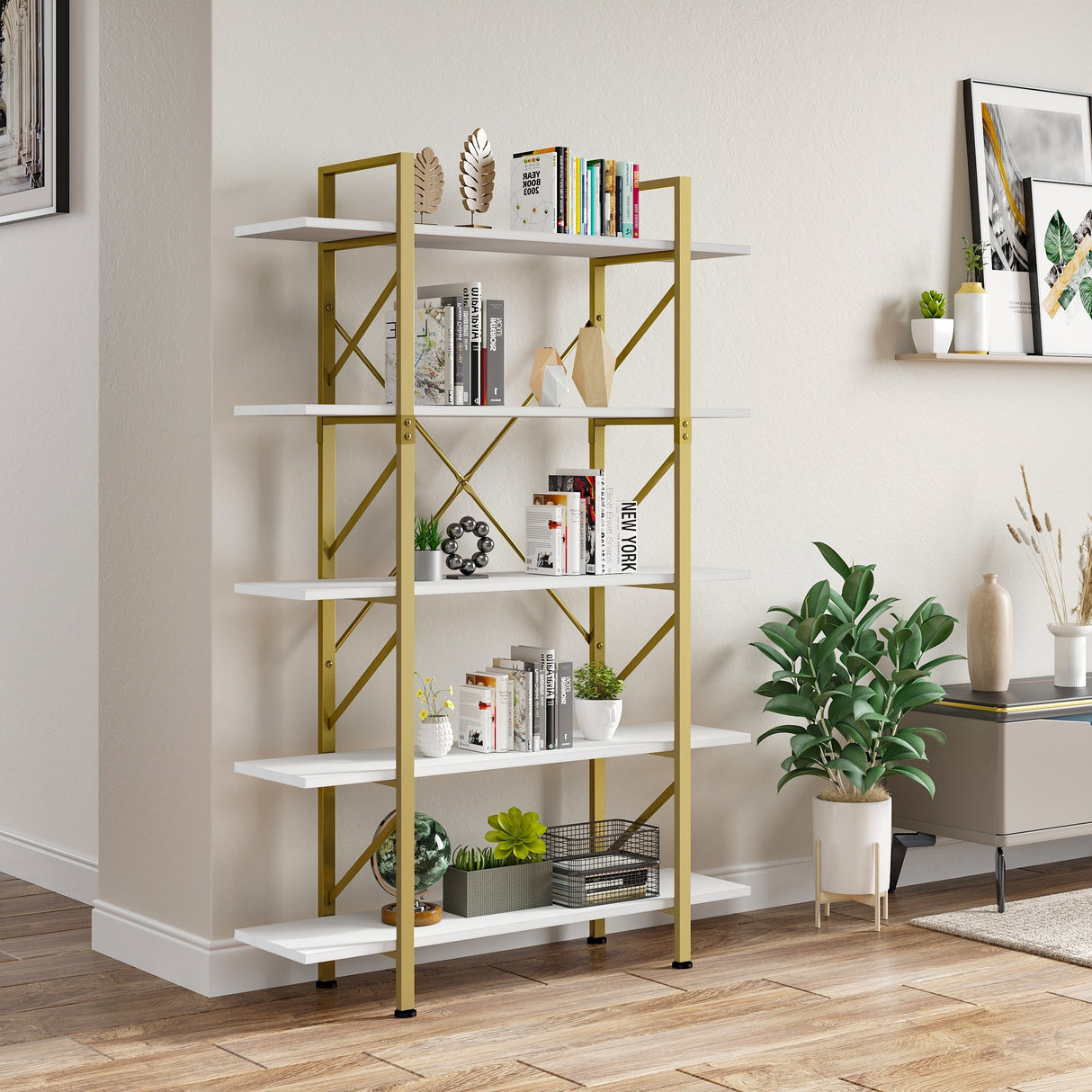 Roul Wood 5-Tier Bookshelf 70.9" Tall Modern Wide Bookcase Open Storage Rack Shelves Gold Frame