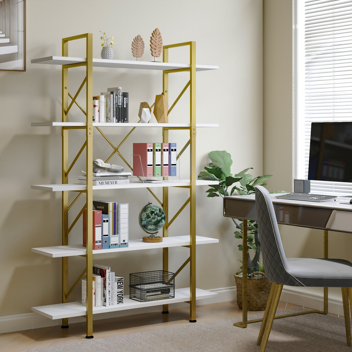 Roul Wood 5-Tier Bookshelf 70.9" Tall Modern Wide Bookcase Open Storage Rack Shelves Gold Frame