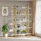 Roul Wood 5-Tier Bookshelf 70.9" Tall Modern Wide Bookcase Open Storage Rack Shelves Gold Frame