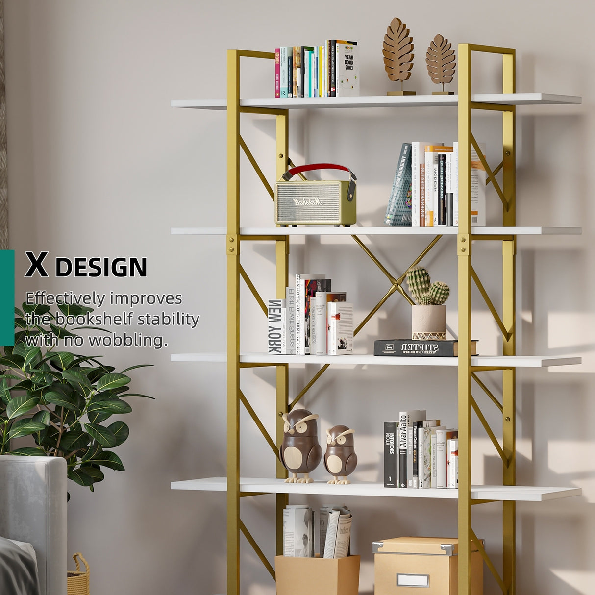 Roul Wood 5-Tier Bookshelf 70.9" Tall Modern Wide Bookcase Open Storage Rack Shelves Gold Frame