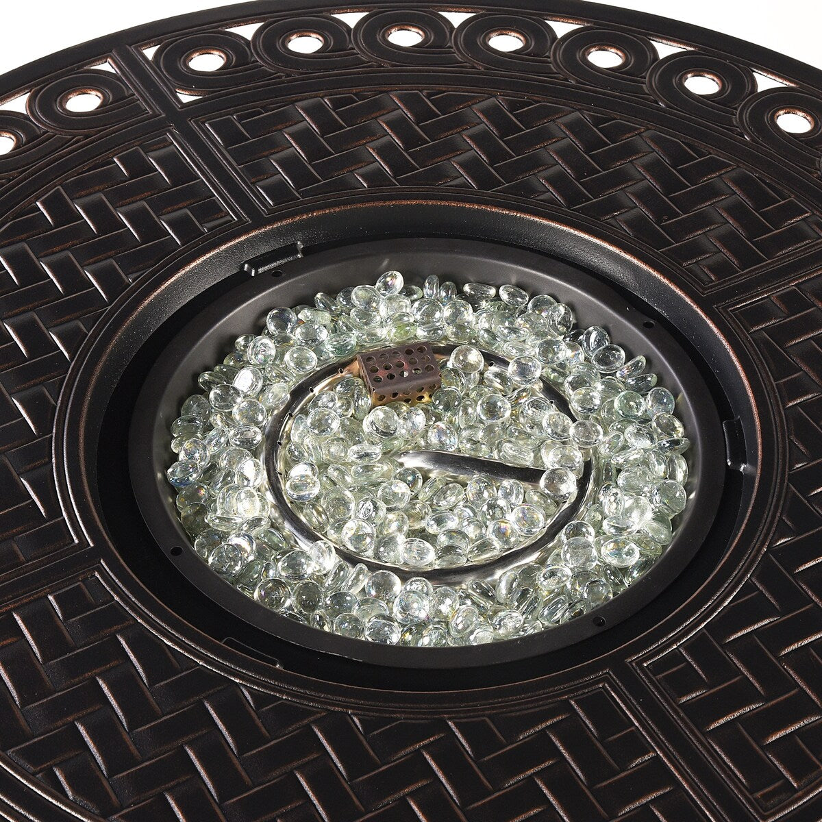 Round 34 in. x 34 in. Aluminum Propane Fire Pit Table with Glass Beads, Two Covers, Lid, 37,000 BTUs - N/A