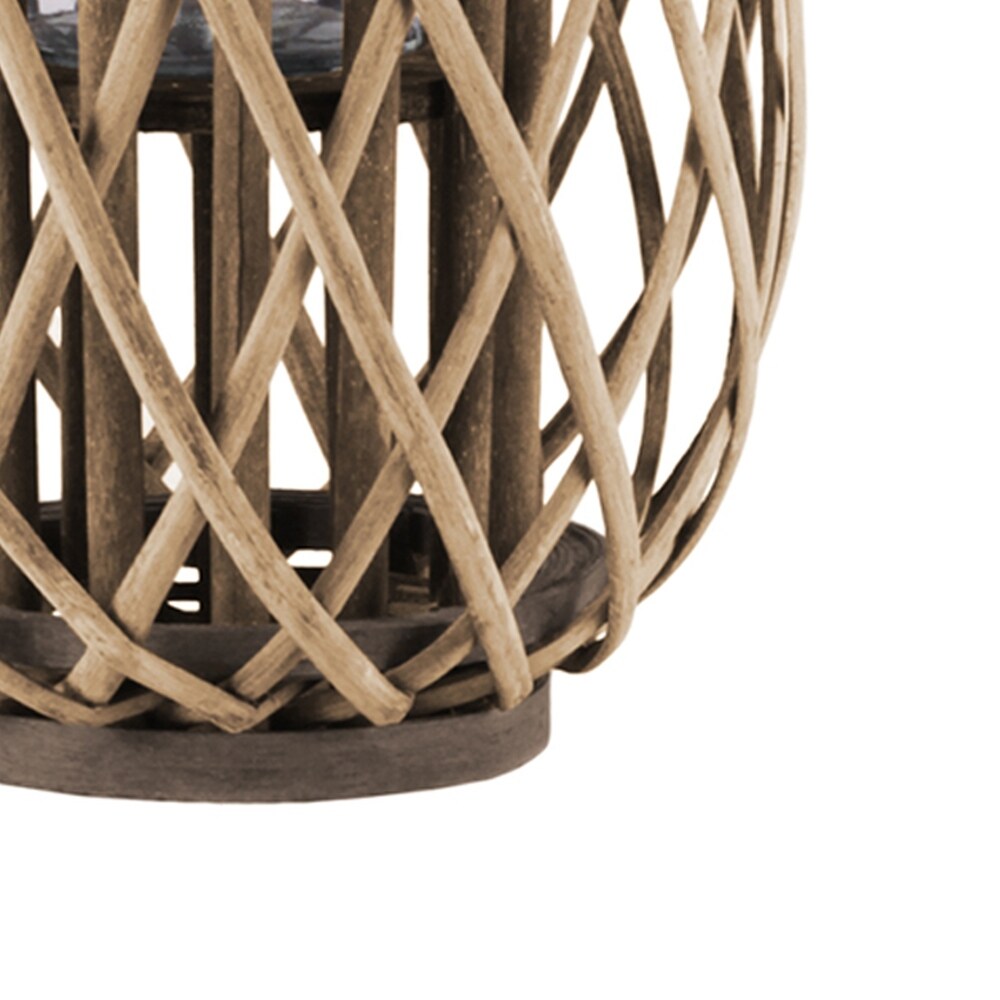 Round Bamboo Lantern with Glass Hurricane and Braided Rope, Brown and Clear