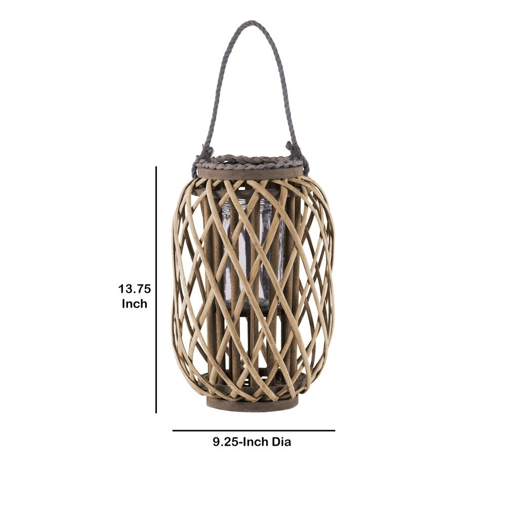 Round Bamboo Lantern with Glass Hurricane and Braided Rope, Brown and Clear