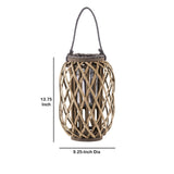 Round Bamboo Lantern with Glass Hurricane and Braided Rope, Brown and Clear