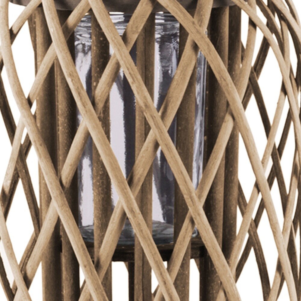 Round Bamboo Lantern with Glass Hurricane and Braided Rope, Brown and Clear