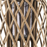 Round Bamboo Lantern with Glass Hurricane and Braided Rope, Brown and Clear