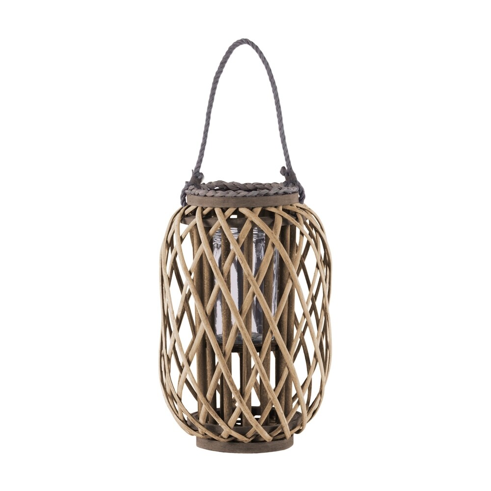 Round Bamboo Lantern with Glass Hurricane and Braided Rope, Brown and Clear