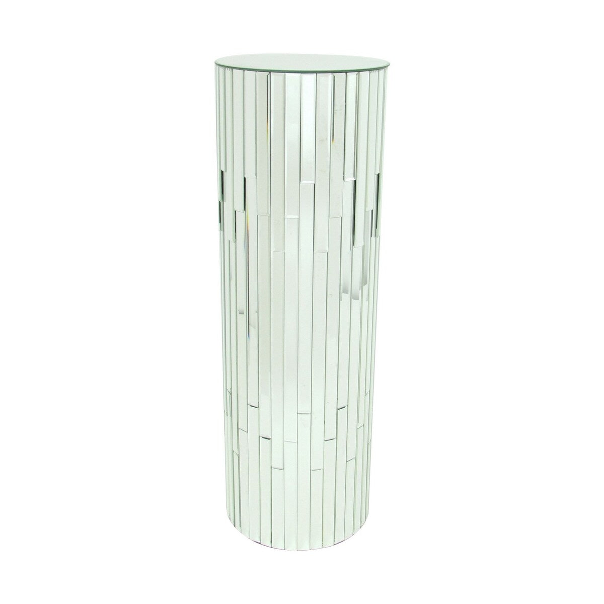Round Beveled Mirror Pedestal with Wooden Frame, Small, Silver