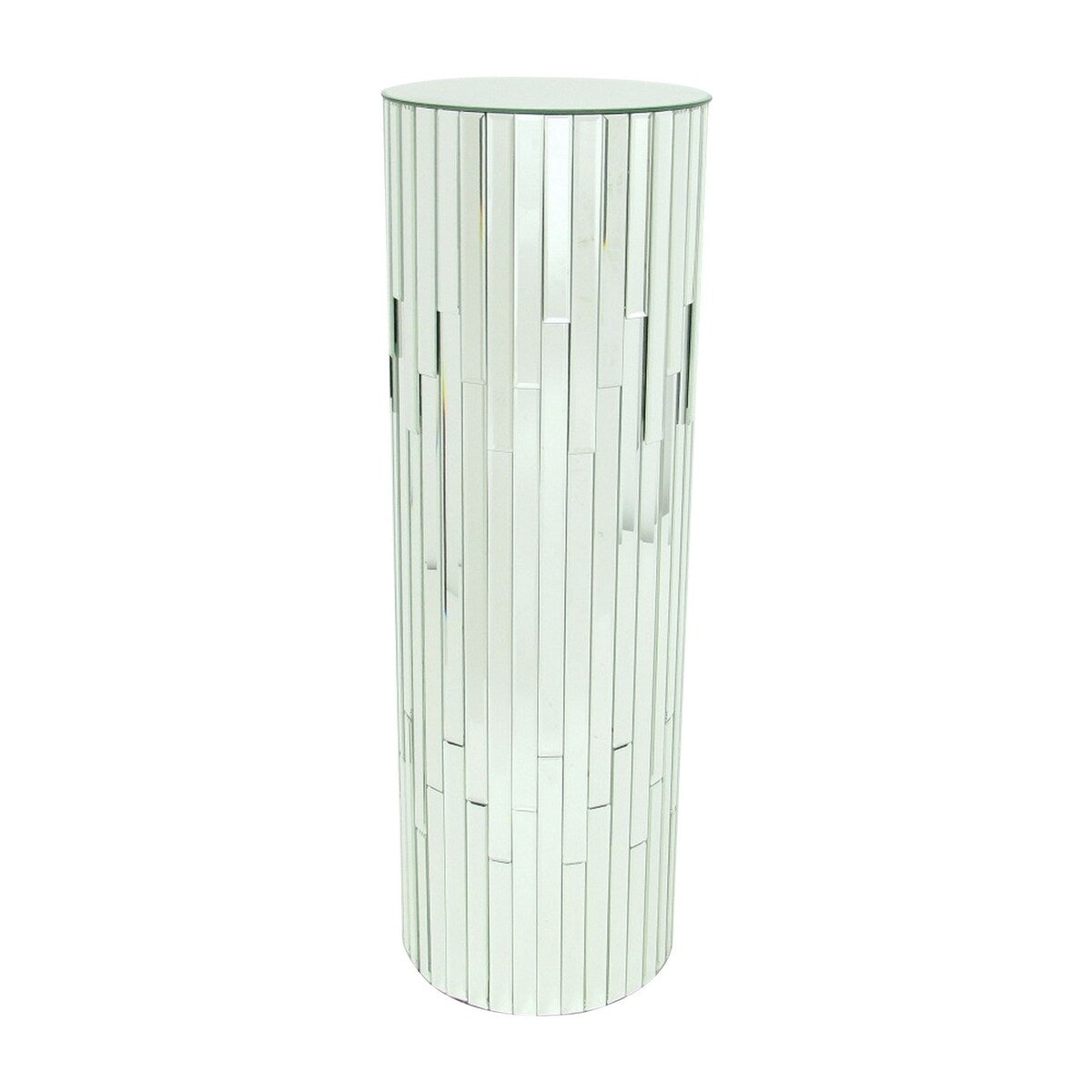 Round Beveled Mirror Pedestal with Wooden Frame, Small, Silver