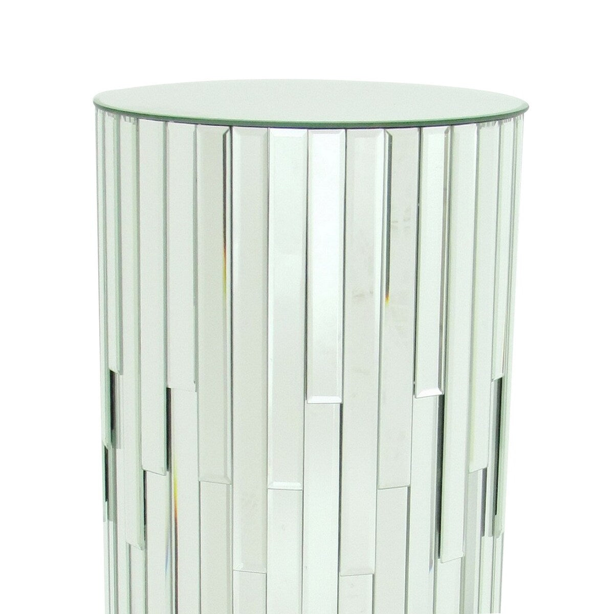 Round Beveled Mirror Pedestal with Wooden Frame, Small, Silver
