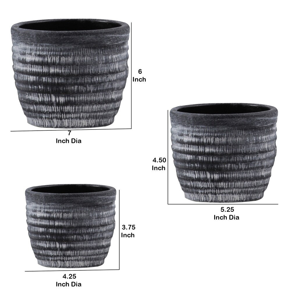 Round Cement Pot with Banded Rim Mouth and Ribbed Pattern, Set of 3, Gray