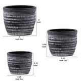Round Cement Pot with Banded Rim Mouth and Ribbed Pattern, Set of 3, Gray