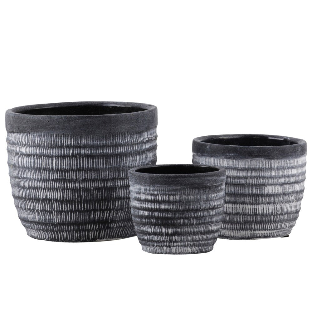 Round Cement Pot with Banded Rim Mouth and Ribbed Pattern, Set of 3, Gray