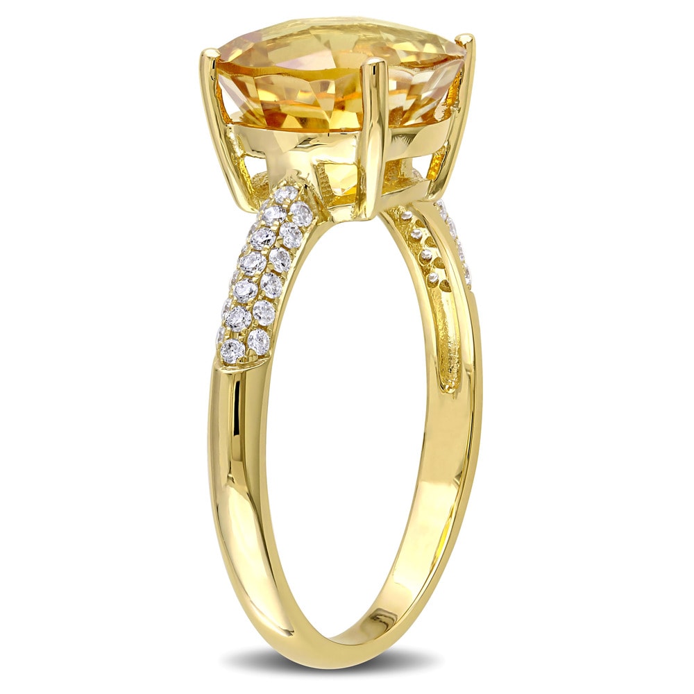 Round Checkered Citrine and 1/5ct TDW Diamond Engagement Ring in 14k Yellow Gold by The Miadora Sign