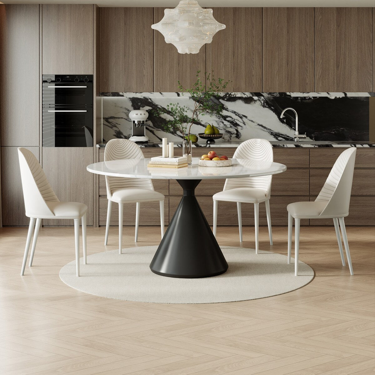 Modern 53" Round Dining Table for 6, Glossy White Stone Tabletop