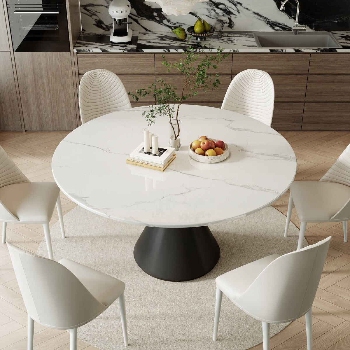 Modern 53" Round Dining Table for 6, Glossy White Stone Tabletop