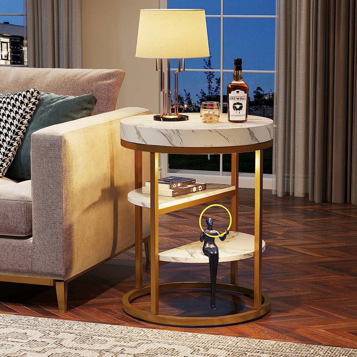 Round End Table, 3 Tiers Side Table with Storage for Living Room