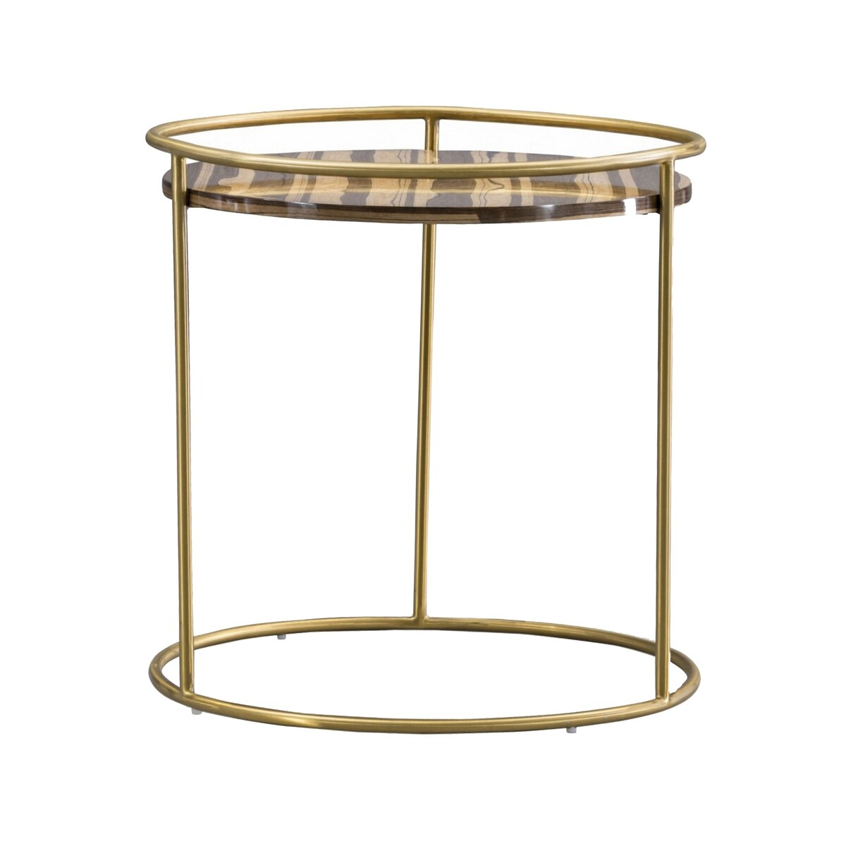 Round Faux Marble Top End Table with Steel Frame, Brown and Gold