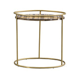 Round Faux Marble Top End Table with Steel Frame, Brown and Gold