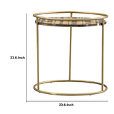 Round Faux Marble Top End Table with Steel Frame, Brown and Gold