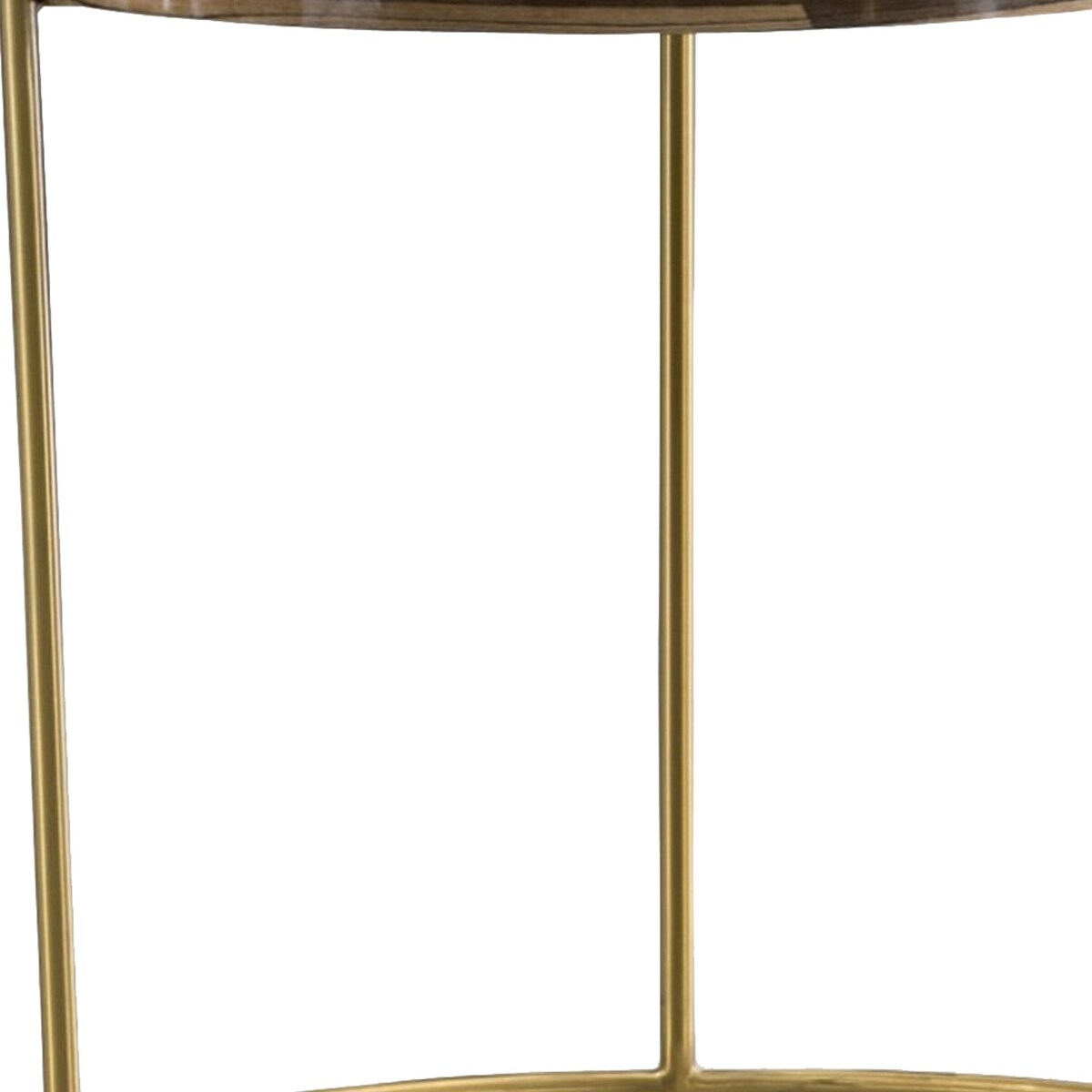 Round Faux Marble Top End Table with Steel Frame, Brown and Gold