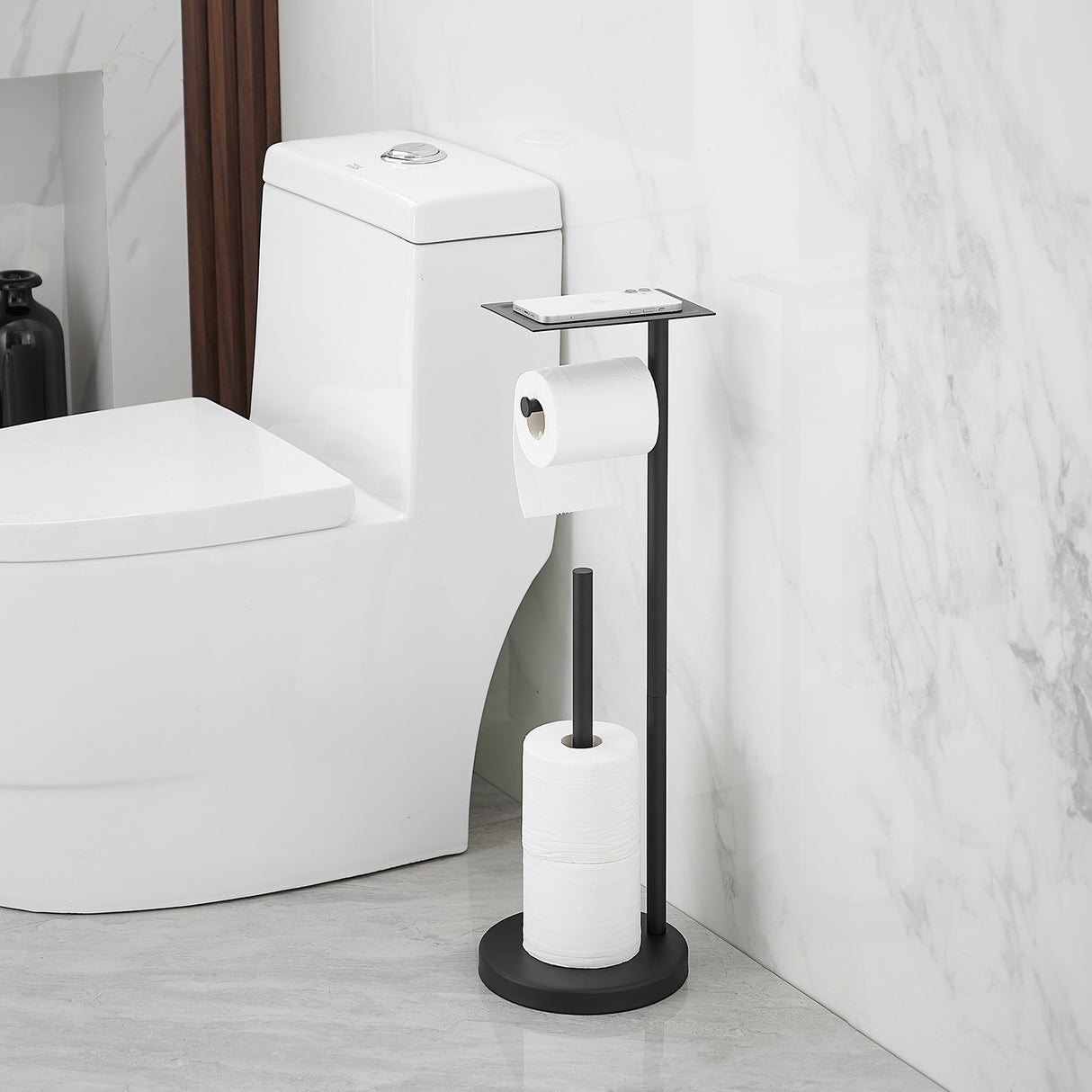 Round Free Standing Toilet Paper Holder with Top Storage Shelf