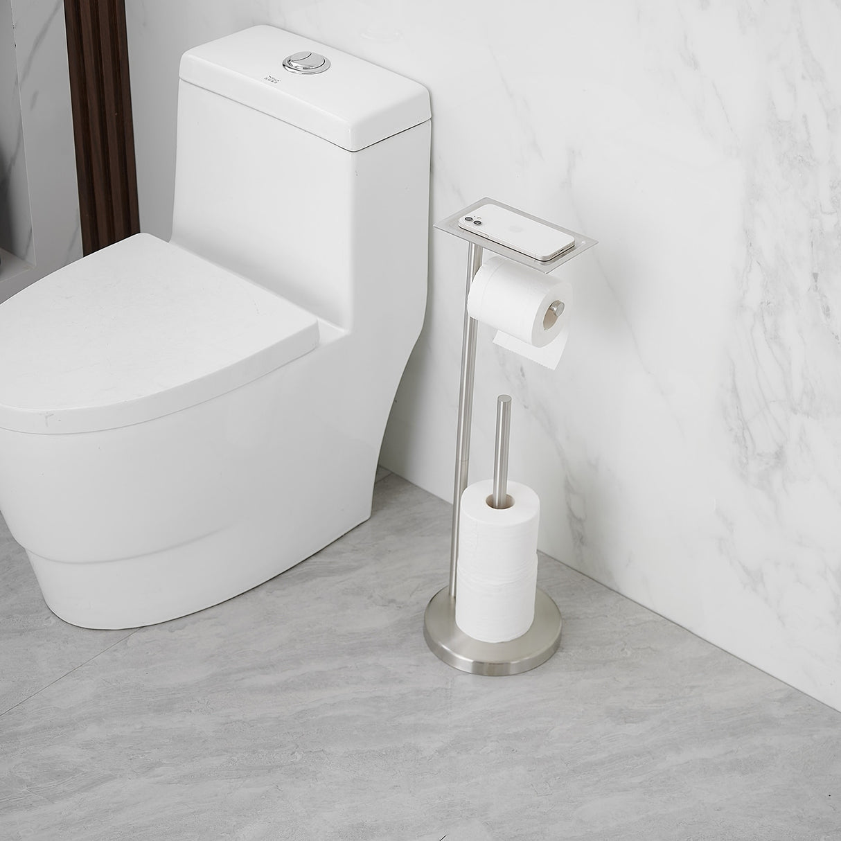 Round Free Standing Toilet Paper Holder with Top Storage Shelf