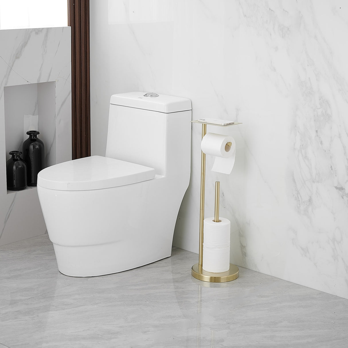 Round Free Standing Toilet Paper Holder with Top Storage Shelf