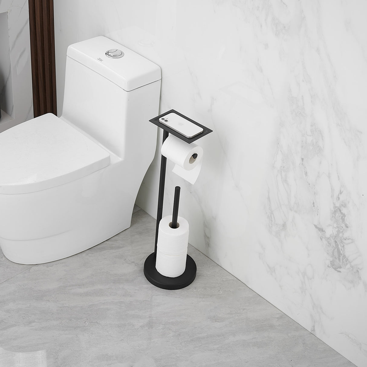Round Free Standing Toilet Paper Holder with Top Storage Shelf