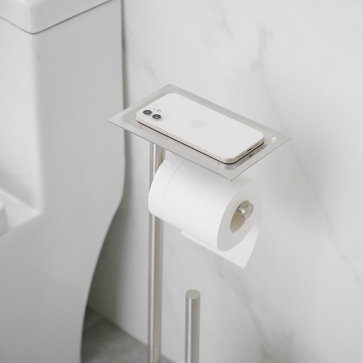 Round Free Standing Toilet Paper Holder with Top Storage Shelf
