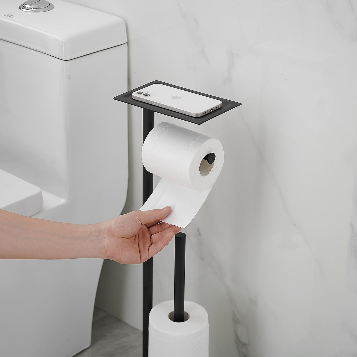 Round Free Standing Toilet Paper Holder with Top Storage Shelf
